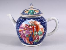 AN 18TH CENTURY CHINESE QIANLONG FAMILLE ROSE TEAPOT & COVER, with underglaze blue decoration with