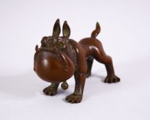 A JAPANESE BRONZE FIGURE OF A BULLDOG, Wit a bell to its collar, signed to base, 8.5cm.