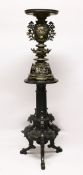 A LARGE JAPANESE MEIJI PERIOD SECTIONAL BRONZE & MIXED METAL INLAID VASE & HARDWOOD STAND, The
