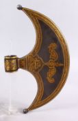 AN OTTOMAN ISLAMIC GOLD INLAID IRON AXE HEAD , with gold inlay of borders and calligraphy, 30cm