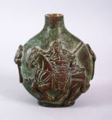 A CHINESE BRONZE TWIN HANDLE VASE OF FIGURE UPON HORSEBACK, the vase with twin moulded handles, with