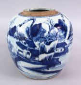 AN 18TH CENTURY CHINESE BLUE & WHITE PORCELAIN GINGER JAR, the body with landscape waterside