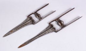 TWO 18TH CENTURY STEEL KATAR / DAGGERS 39cm & 32cm.