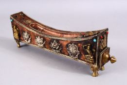 A GOOD CHINESE TIBET BRASS ONLAID BUDDHISTIC INLAID INCENSE BURNER / HOLDER, with on laid silvered