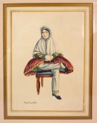 A FINE SIGNED 19TH CENTURY PERSIAN QAJAR WATERCOLOUR PAINTING OF A SEATED LADY, signed, framed