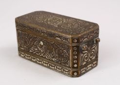 A GOOD ISLAMIC BRONZE LIDDED STORAGE BOX, the box with silver inlays, lid opening to reveal four