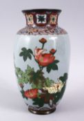 A JAPANESE MEIJI PERIOD CLOISONNE VASE, the vase with a pale grey ground with native displays of