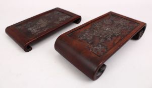 TWO 19TH CENTURY CHINESE CARVED HARD WOOD STANDS, both stands carved depicting native landscape