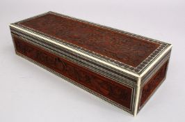 A FINE INDIAN CARVED SANDALWOOD BOX, with micro mosaic style work aside bands of ivory, the lid with