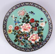 A GOOD JAPANESE MEIJI PERIOD CLOISONNE FLORAL CHARGER, the dish decorated with scenes of birds