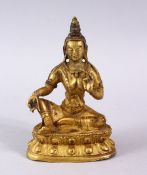 A GOOD CHINESE QING DYNASTY GILT BRONZE FIGURE OF BUDDHA, in a seated position upon a lotus form