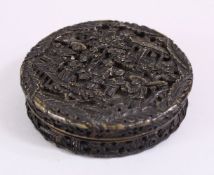 A 19TH CENTURY CHINESE CARVED TORTOISE SHELL BOX & COVER, both sides carved with scenes of figures