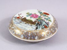 A GOOD CHINESE FAMILLE ROSE PORCELAIN BOX & COVER OF BIRDS, the birds in a native landscape, with