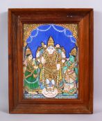 A 19TH CENTURY SOUTH INDIAN PAINTING OF HINDU DEITY, in a stood position with attendants, framed