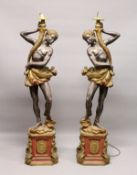 A PAIR OF PAINTED COMPOSITE BLACKAMOOR FLOOR STANDING SEVEN LIGHT CANDELABRA. 7ft 0ins high.