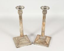 A PAIR OF ADAM DESIGN PLATE CANDLESTICKS with fluted stems, on shaped bases. 12ins high.