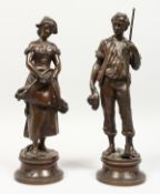 ADRIEN GAUDEZ (1845-1902) FRENCH LANGELUS & L'ANGELUS. A VERY GOOD PAIR OF BRONZE FIGURES on