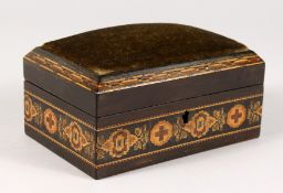 A GOOD VICTORIAN INLAID BOX, with padded top by EDMUND NYE. 6ins long x 3.75ins wide x 3ins high.