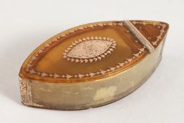 A GEORGE III OVAL GOLD INLAID SNUFF BOX. 3.5ins long.