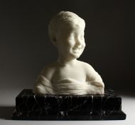 A VERY GOOD CARVED WHITE MARBLE BUST, head and shoulders of a young boy. 13ins high, on a marble