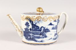 AN 18TH CENTURY CHINESE BLUE AND WHITE OVAL WILLOW PATTERN TEAPOT with entwined handle.