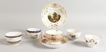 AN 18TH CENTURY CHELSEA DERBY AND LATER THREE TEA BOWLS, two cups and two saucers. (AF)