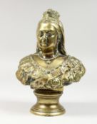 A LATE 19TH CENTURY CAST BRASS BUST OF QUEEN VICTORIA on a socle base. 10ins high overall