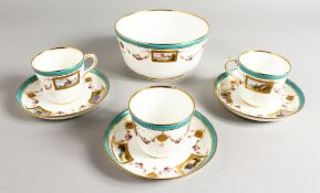 THREE MINTON CUPS AND SAUCER AND A MATCHING BOWL painted with landscapes in rectangular panels
