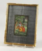 A FRAMED PERSIAN PICTURE, YOUNG LOVERS on a swing. 5.5ins x 4ins.