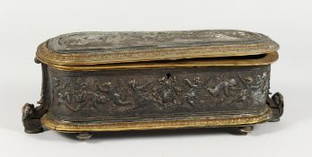 AN ELKINGTON & CO RECTANGULAR JEWELLERY BOX with blue silk interior, the top and sides with panels