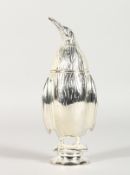 A SILVER PLATED PENGUIN SUGAR CASTER. 7.5ins high.