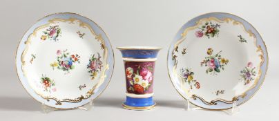 A SPODE PAIR OF SAUCER SHAPED DISHES finely painted with flowers, pattern no. 2236, and a bead spill