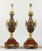 A SUPERB PAIR OF FRENCH MARBLE AND ORMOLU TWO-HANDLED URN SHAPED LAMPS on square bases. 20ins high.