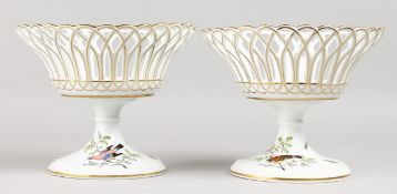 A VERY GOOD PAIR OF MEISSEN PIERCED CIRCULAR COMPORTS, 8.75ins diameter, the bases painted with