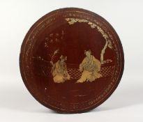 AN ORIENTAL LACQUER CIRCULAR BOX AND COVER. 12ins diameter.