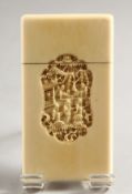 A GOOD CANTON IVORY CALLING CARD CASE carved with figures and trees. 3.25ins x 1.75ins.