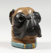 A VIENNA STYLE COLD PAINTED BRONZE DOG HEAD INKWELL. 3.5ins high.
