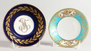 A SEVRES STYLE SAUCER with neo-classical decoration and another Sevres style saucer with blue ground