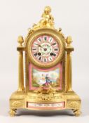 A VERY GOOD QUALITY 19TH CENTURY FRENCH GILT ORMOLU CLOCK, with painted Sevres porcelain face and
