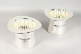 A PAIR OF PLATED TOP HAT SHAPED WINE COOLERS. 7ins high.