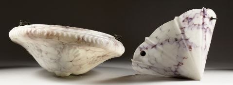 TWO 1930'S OPAQUE GLASS CEILING SHADES. 14ins and 17ins diameter.