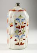 A GOOD 18TH CENTURY DUTCH GLASS FLASK painted with a lady holding a heart. 7.5ins high.