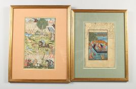 TWO FRAMED PERSIAN PICTURES, Deer Hunt and Figures.