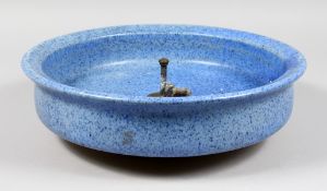 A ROYAL DOULTON BLUE SPECKLED CIRCULAR TABLE FOUNTAIN. 14ins diameter.