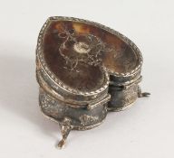 A HEART SHAPED SILVER AND TORTOISESHELL TRINKET BOX, on three pad feet. Birmingham 1908. Maker: L. &