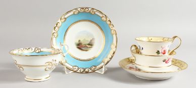 A GRAINGER'S WORCESTER TURQUOISE GROUND TEACUP AND SAUCER painted with landscapes, printed mark to
