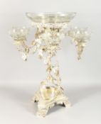 A LARGE AND IMPRESSIVE SILVER PLATED CENTREPIECE of naturalistic form, with a central cut glass bowl