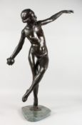 A GOOD LARGE ART DECO STYLE FIGURE OF AN ATHLETIC FEMALE NUDE, holding a ball in her right hand.