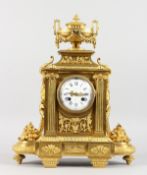 A VERY GOOD LOUIS XVI GILT ORMOLU MANTLE CLOCK, with white enamel dial, blue and white Roman