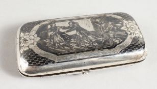 A RUSSIAN SILVER AND NIELLO CHEROOT CASE decorated with a game of 